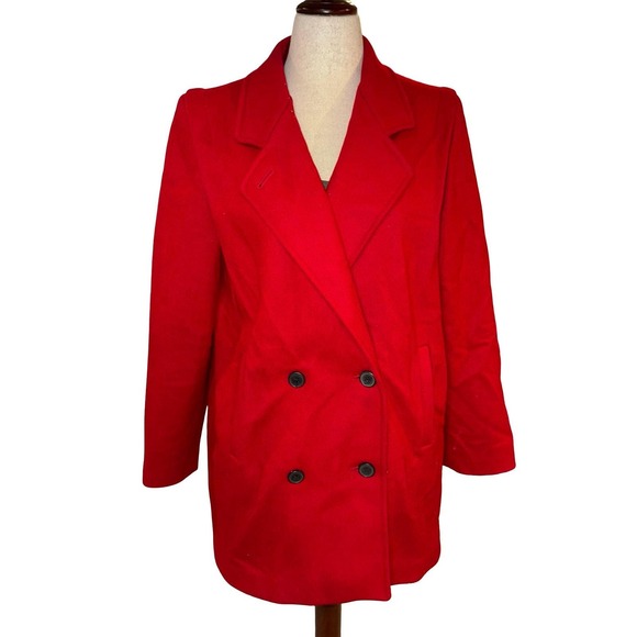 Vintage Jackets & Blazers - Vintage Wool Pea Coat Women Red Double Breasted Paisley Lining 80s Size 9/10